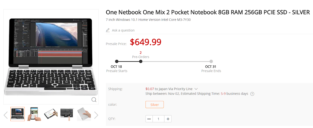 【速報】GEARBESTでOneMix 2の先行予約開始!期限は10月31日まで649.99ドル!(割引クーポンあり)出荷予定は11月2日で最短納期か