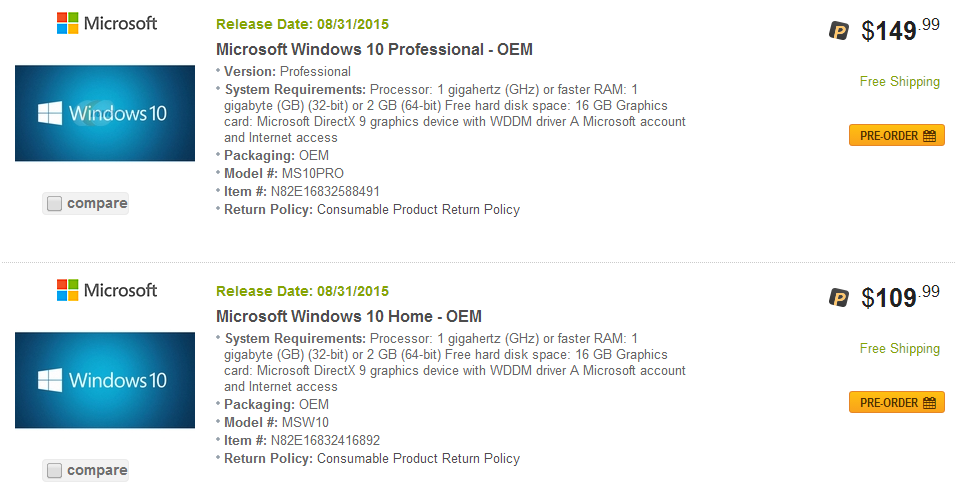 Windows 10 OEM予約価格は$109(ホーム)、プロなら$149