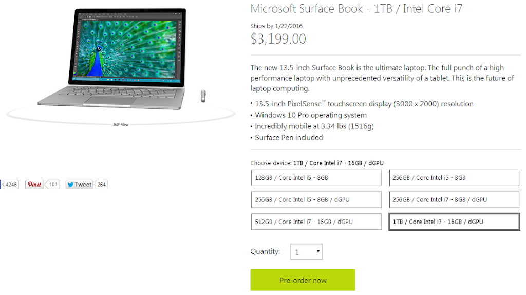 Surface Bookの最上位モデル1TB SSD、dGPU、16GB RAMの価格判明!なんと38万円越え!