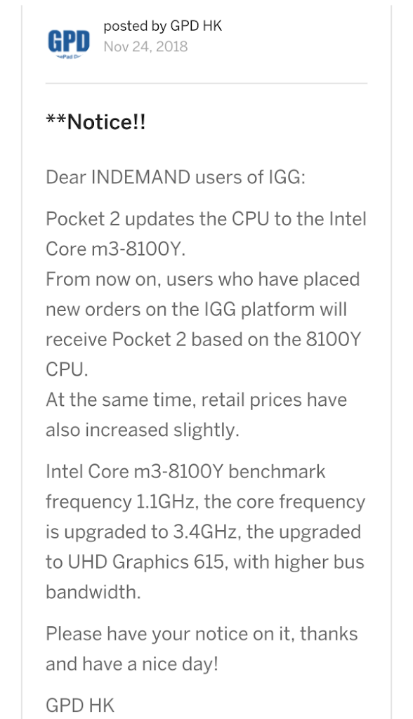 悲報 Gpd Pocket 2が完全終了のお知らせ Cpuをm3 8100yにアップグレードすると出資者にメールするも怒りを買う形に がじぇぱん Gajebu Japan