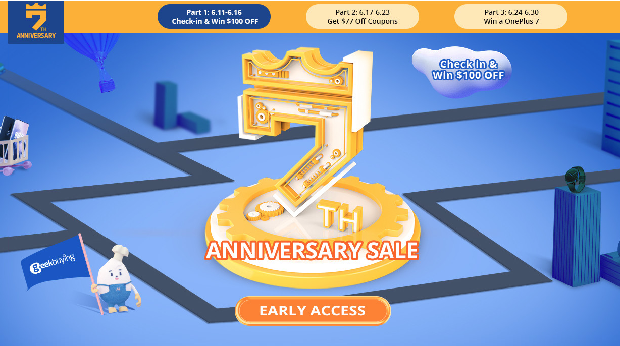 geekbuying７周年記念イベント開催中！期間中チェックインで100ドルクーポンや、インスタ投稿でプレゼントも！最安値を狙うならこの期間中がチャンス！