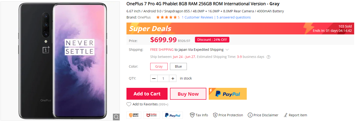 OnePlus 7 Pro 8GB RAM + 256GB ROMモデルが$699.99の最安値更新 